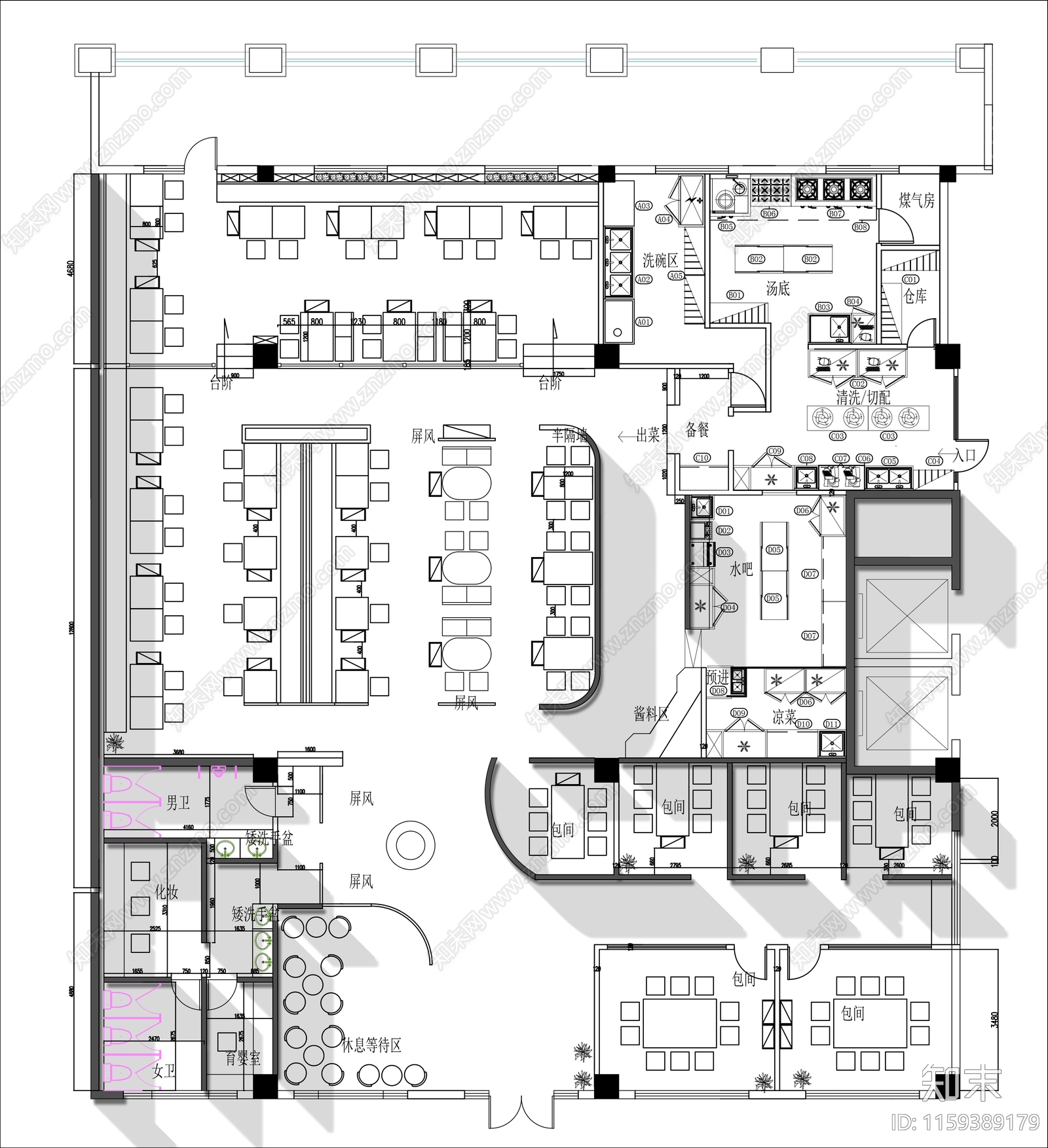 500㎡现代火锅烧烤店平面布置图施工图下载【ID:1159389179】