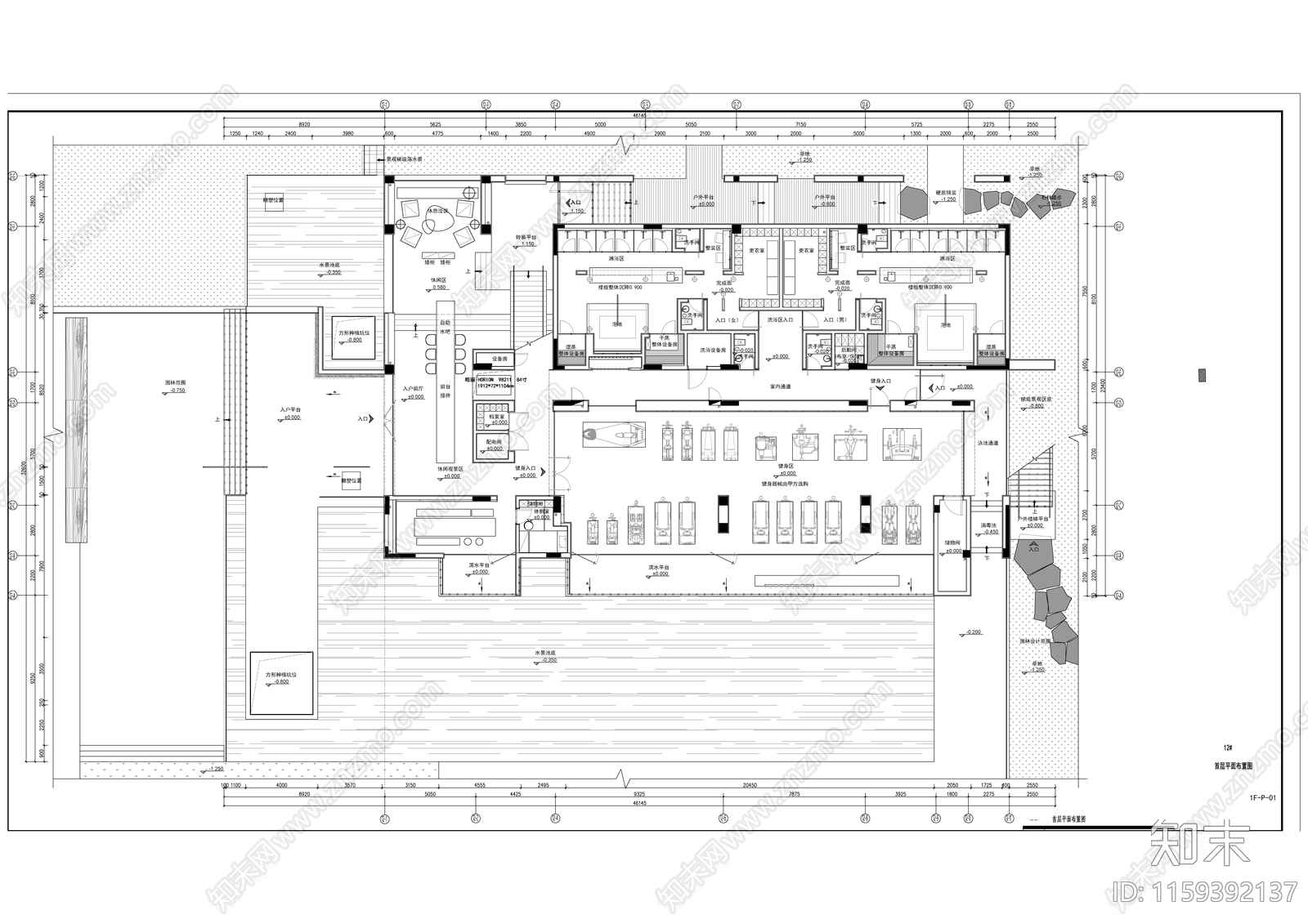 1500平高档健身会所布局cad施工图下载【ID:1159392137】