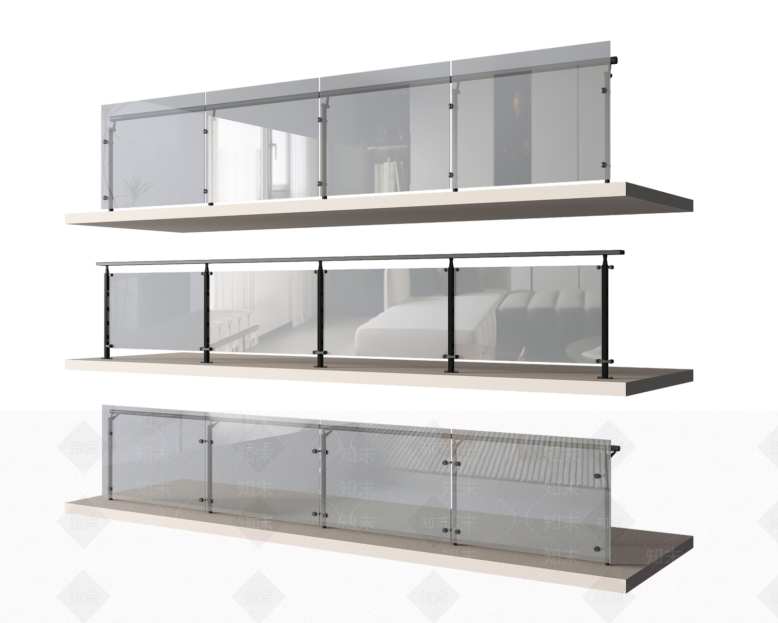 现代玻璃栏杆3D模型下载【ID:1159393255】