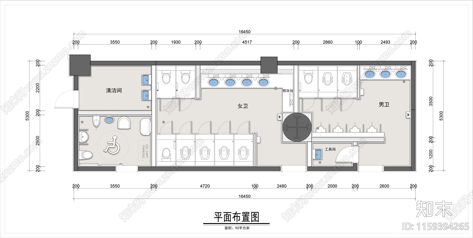 90平米商场公共卫生间平面布置图施工图下载【ID:1159394265】