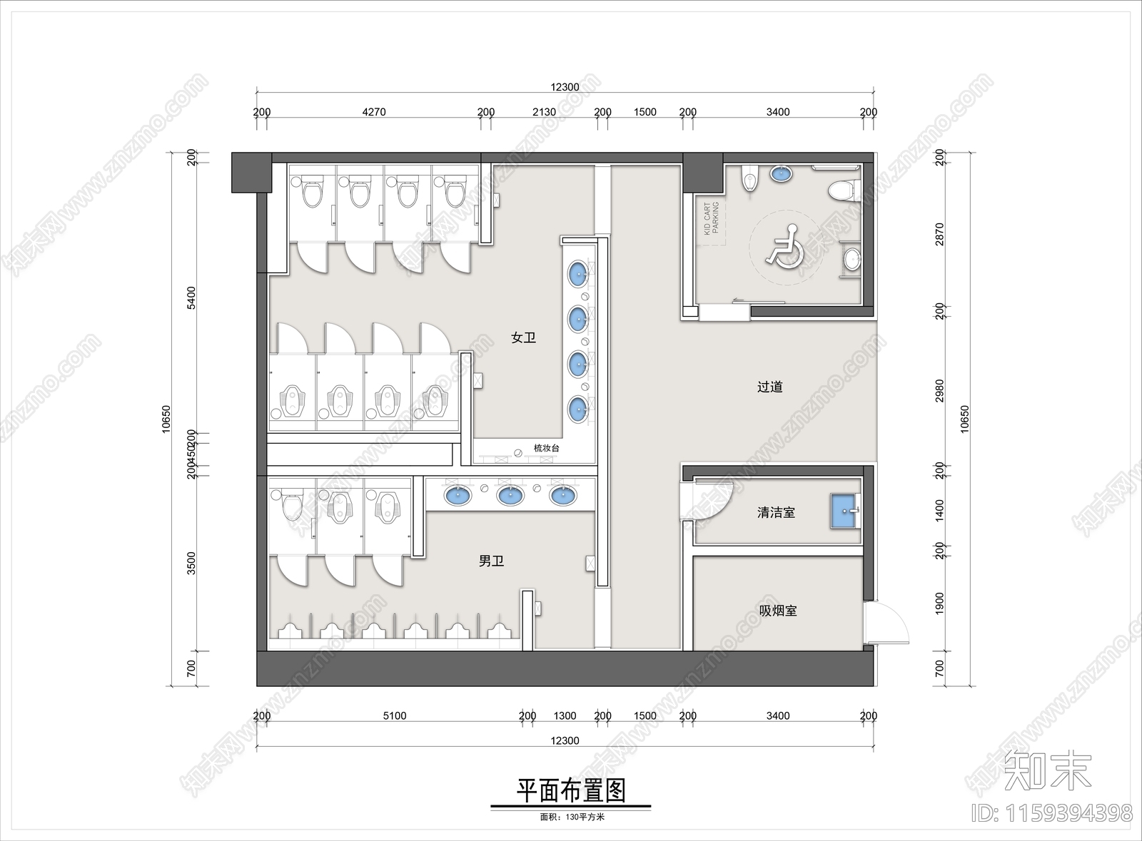 130平米商场公共卫生间平面布置图施工图下载【ID:1159394398】
