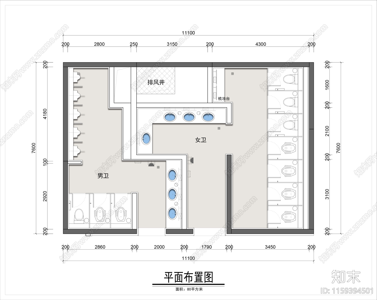 80平米商场公共卫生间平面布置图施工图下载【ID:1159394501】
