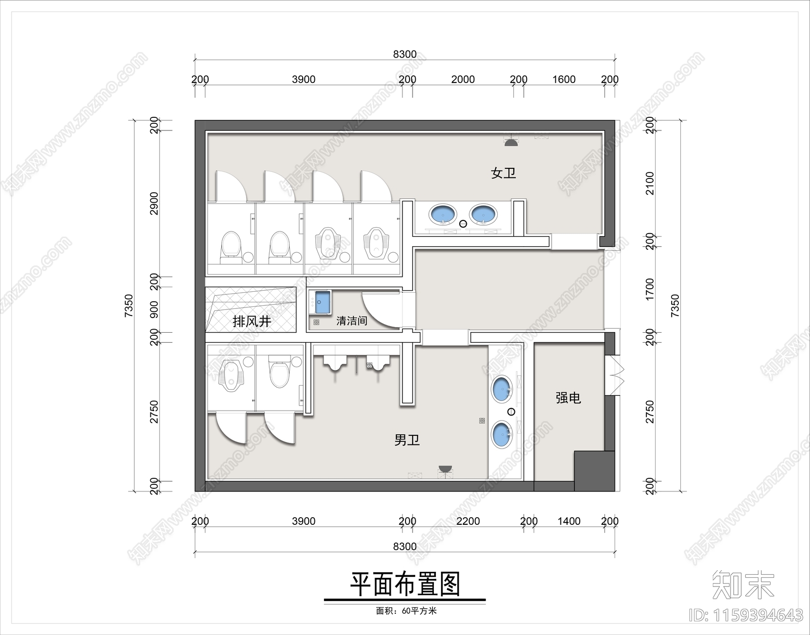 60平米商场公共卫生间平面布置图cad施工图下载【ID:1159394643】