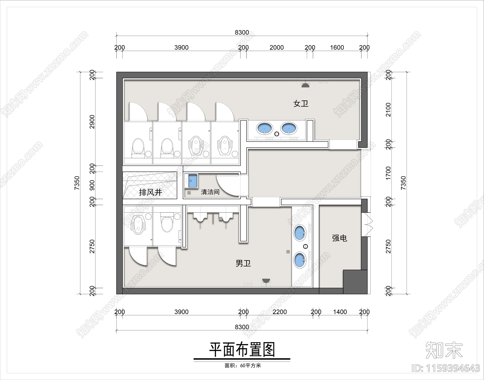 60平米商场公共卫生间平面布置图施工图下载【ID:1159394643】