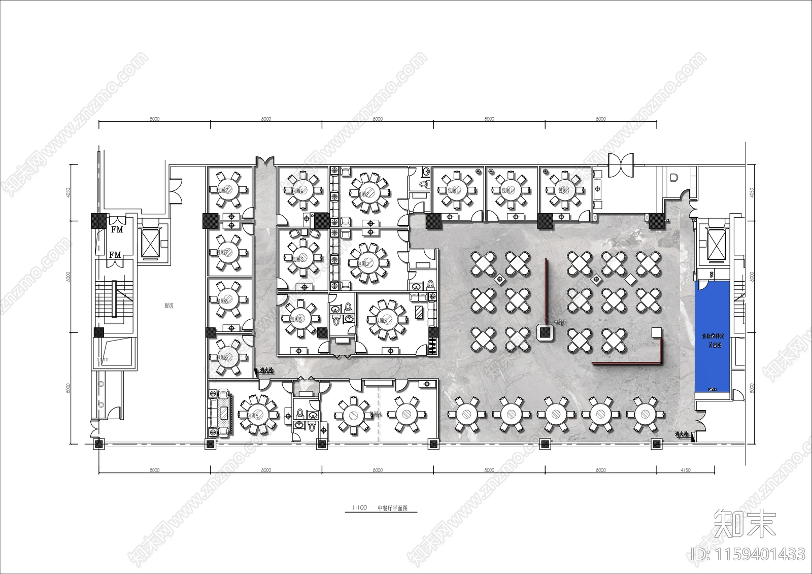 1000㎡海鲜大酒楼平面布置图施工图下载【ID:1159401433】