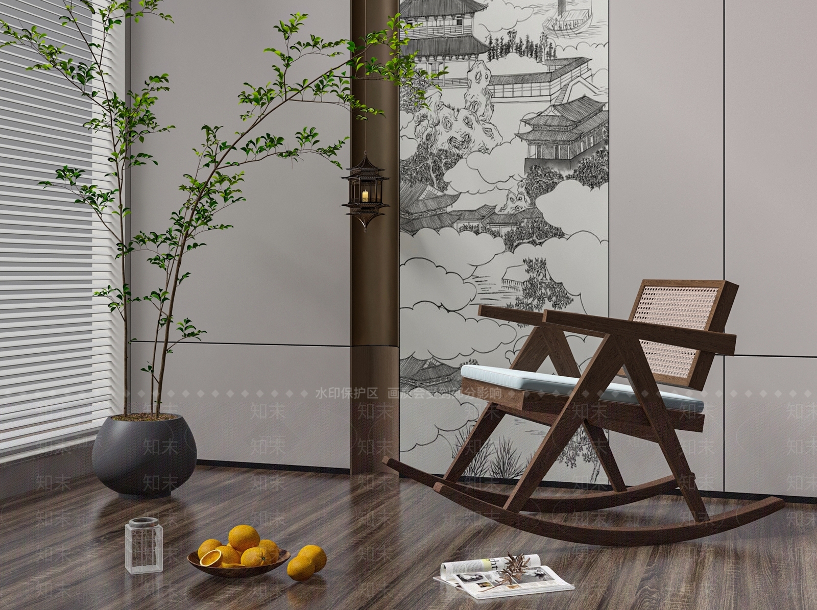 侘寂风摇椅休闲椅绿植背景墙3D模型下载【ID:1159405227】