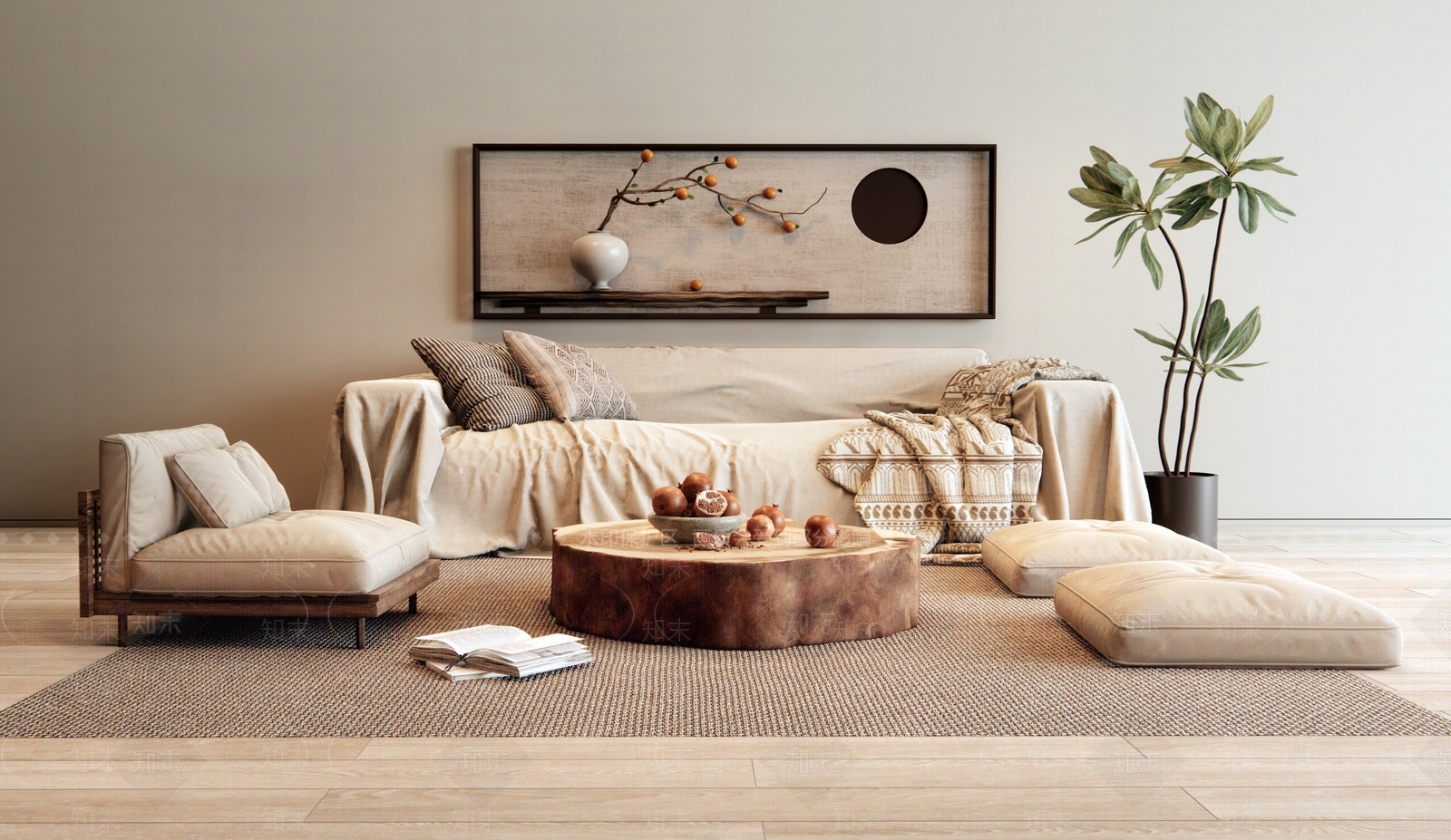 侘寂中古沙发茶几组合3D模型下载【ID:1159409982】