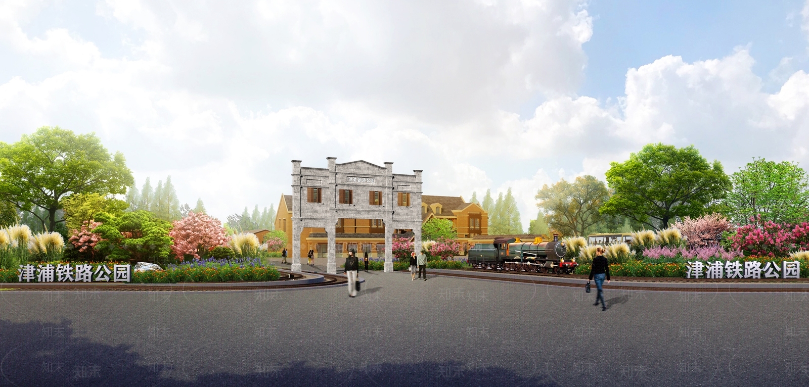 新中式民国风格火车纪念公园入口牌坊SU模型下载【ID:1159414284】