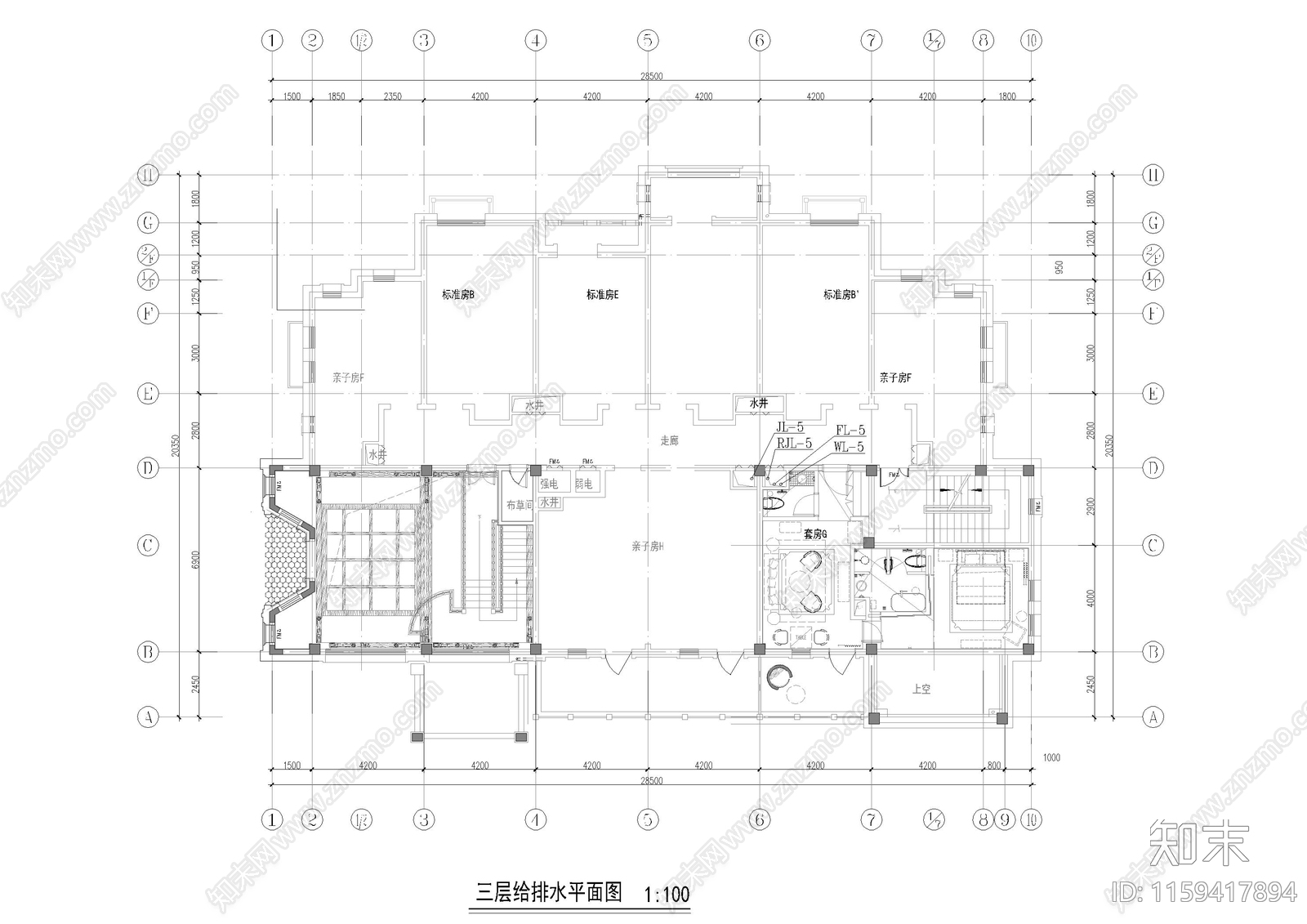 客栈客房给排水cad施工图下载【ID:1159417894】