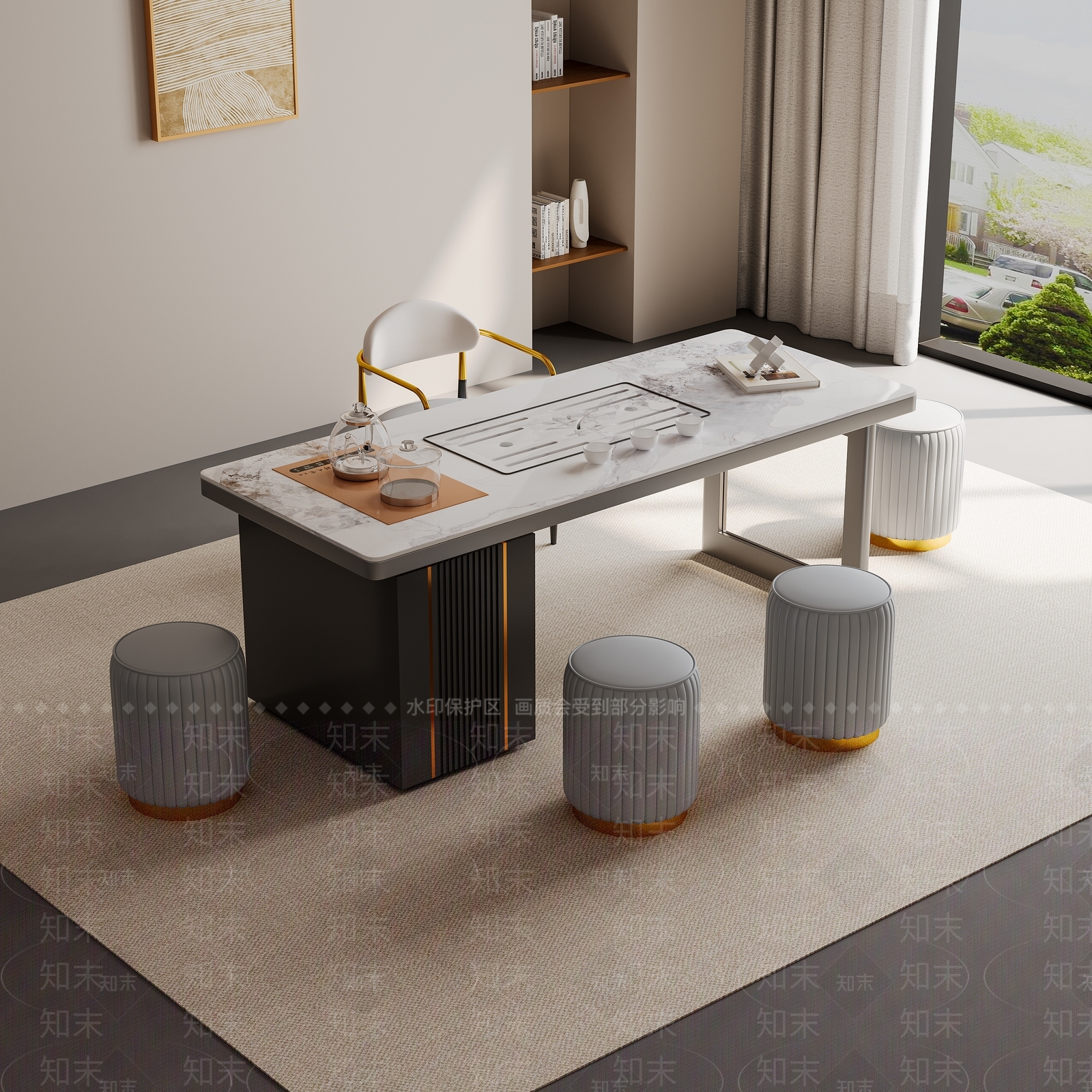 现代岩板茶桌椅组合3D模型下载【ID:1159424788】