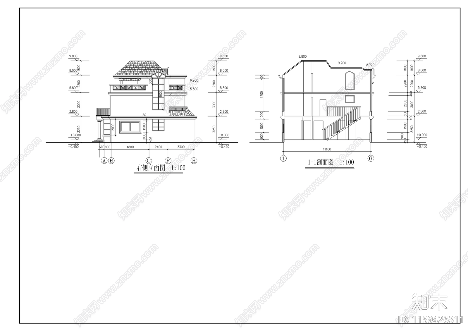 别墅建筑设计cad施工图下载【ID:1159426311】