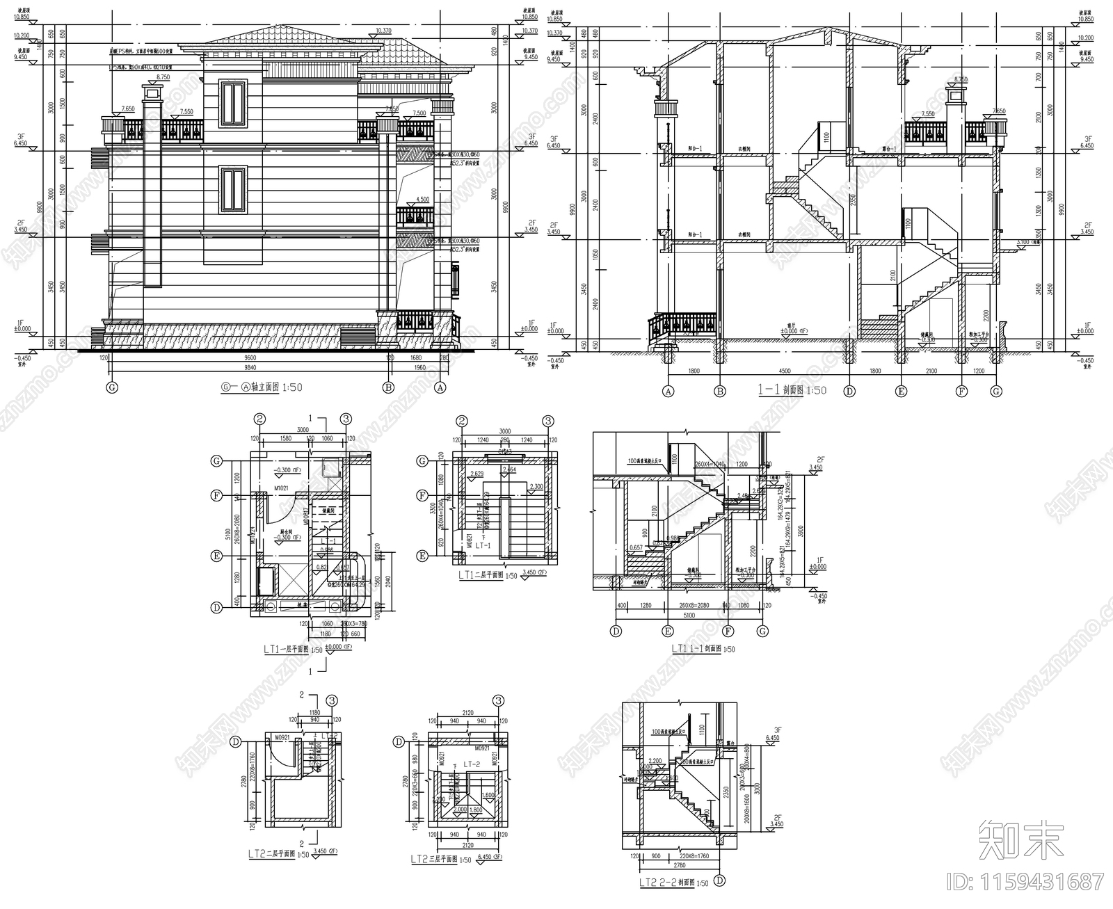 新中式三层自建房建筑图纸cad施工图下载【ID:1159431687】