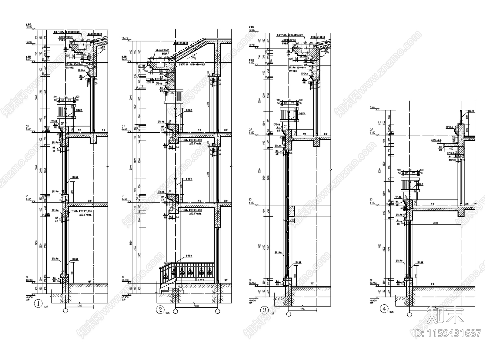 新中式三层自建房建筑图纸cad施工图下载【ID:1159431687】