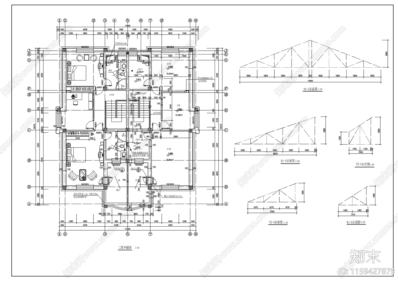 钢屋架别墅建筑设计cad施工图下载【ID:1159427879】