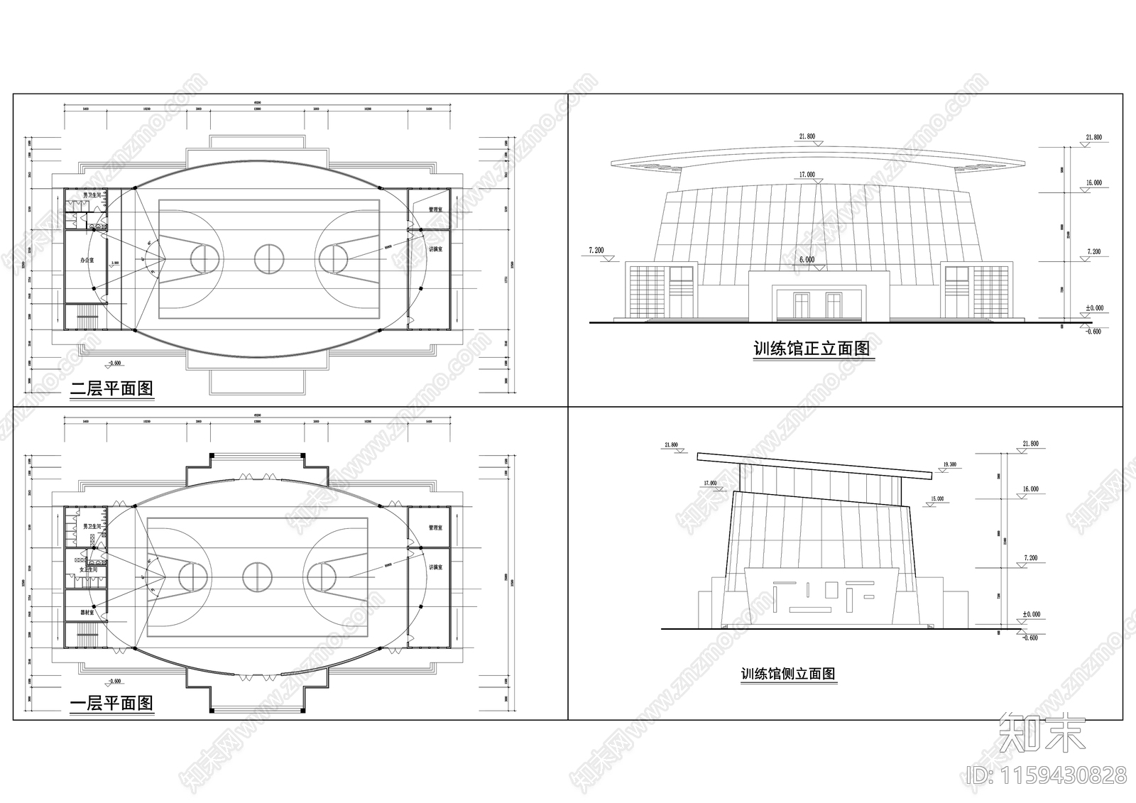 篮球训练馆建筑方案2层平面cad施工图下载【ID:1159430828】