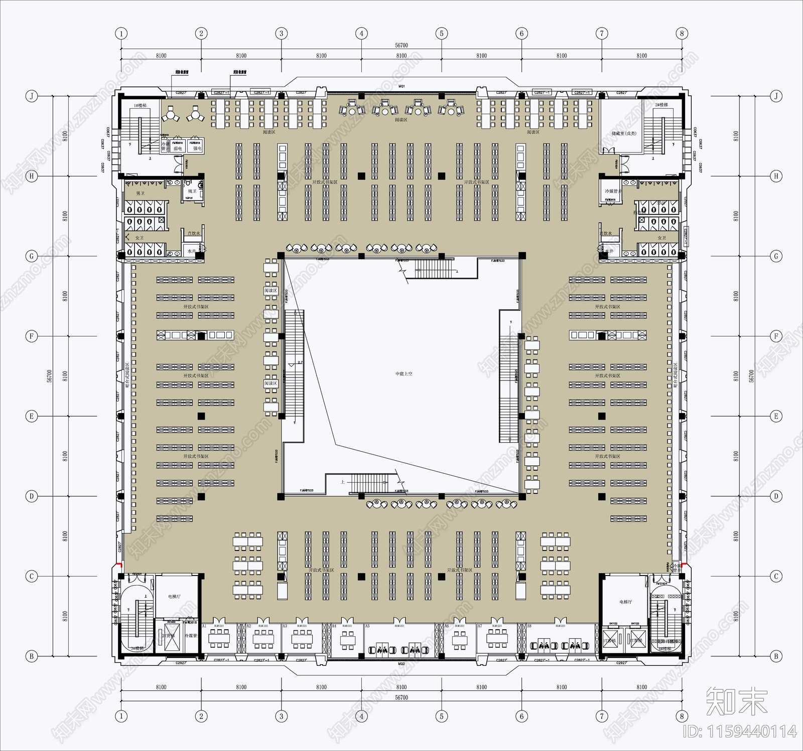 开放式图书馆平面cad施工图下载【ID:1159440114】