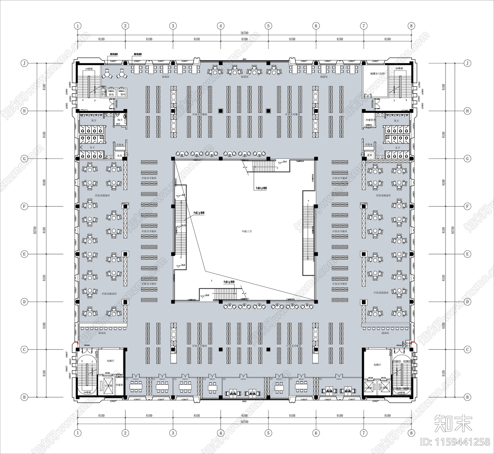 图书馆阅览区平面图cad施工图下载【ID:1159441258】