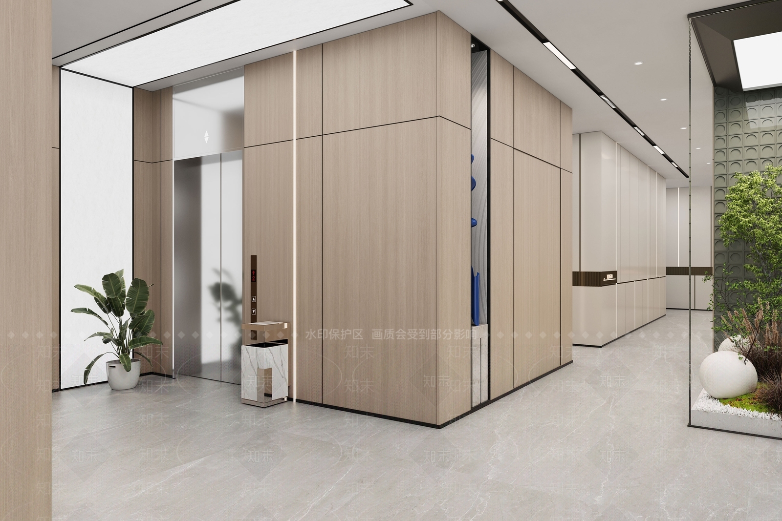 现代原木简约办公过道电梯厅3D模型下载【ID:1159443271】