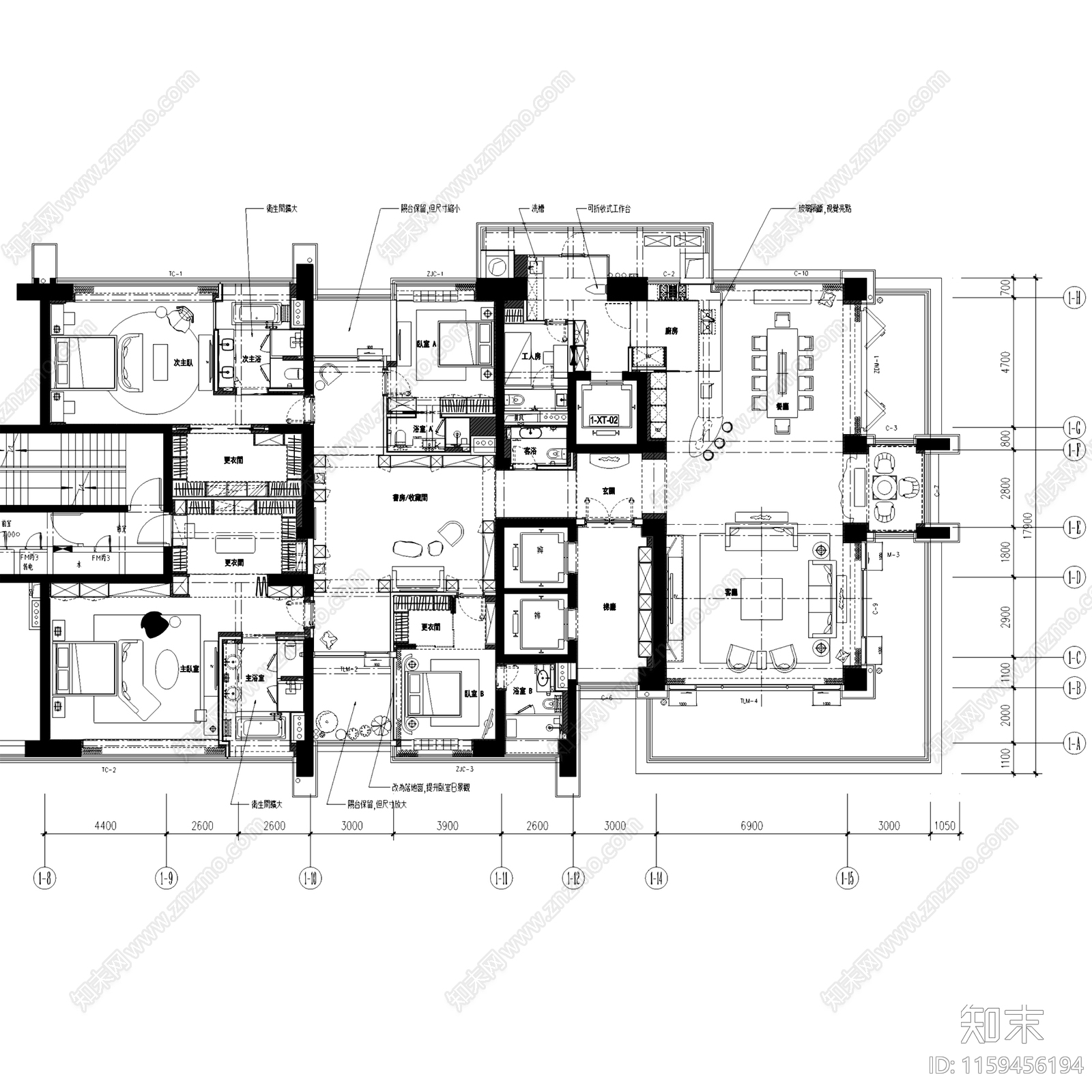 新中式轻奢深圳壹方大平层室内家装cad施工图下载【ID:1159456194】