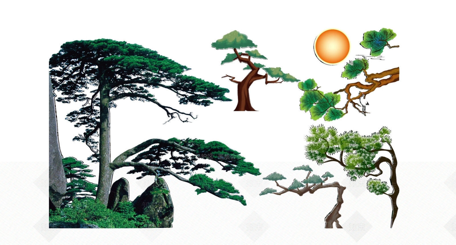 2D现代松树仙鹤松枝迎客松剪影3D模型下载【ID:1159459338】