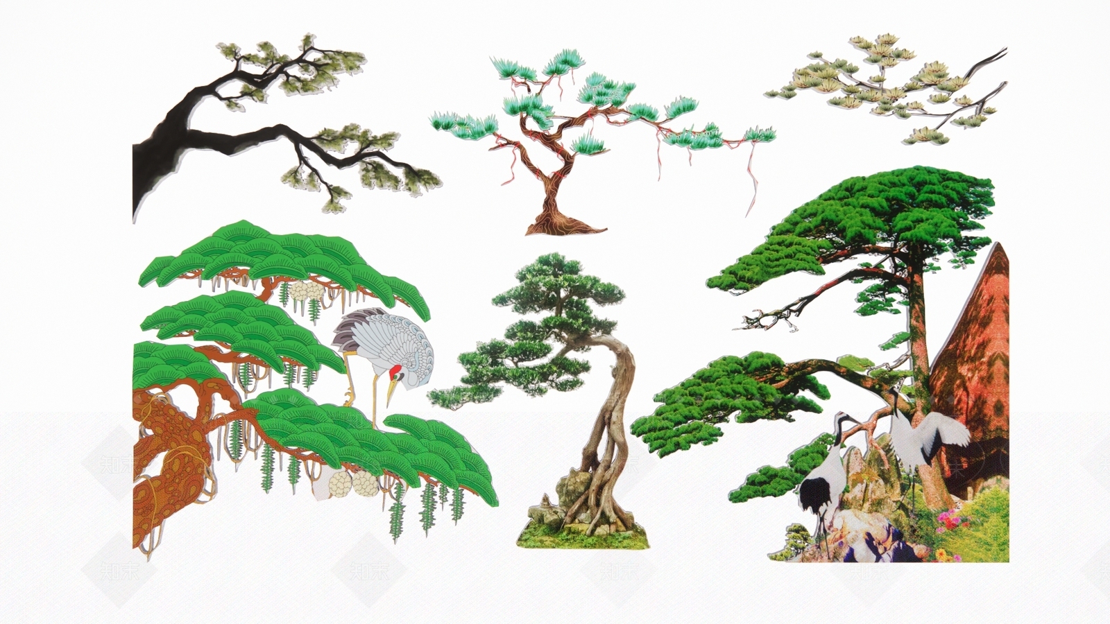 2D新中式松树仙鹤松枝迎客松剪影3D模型下载【ID:1159459483】