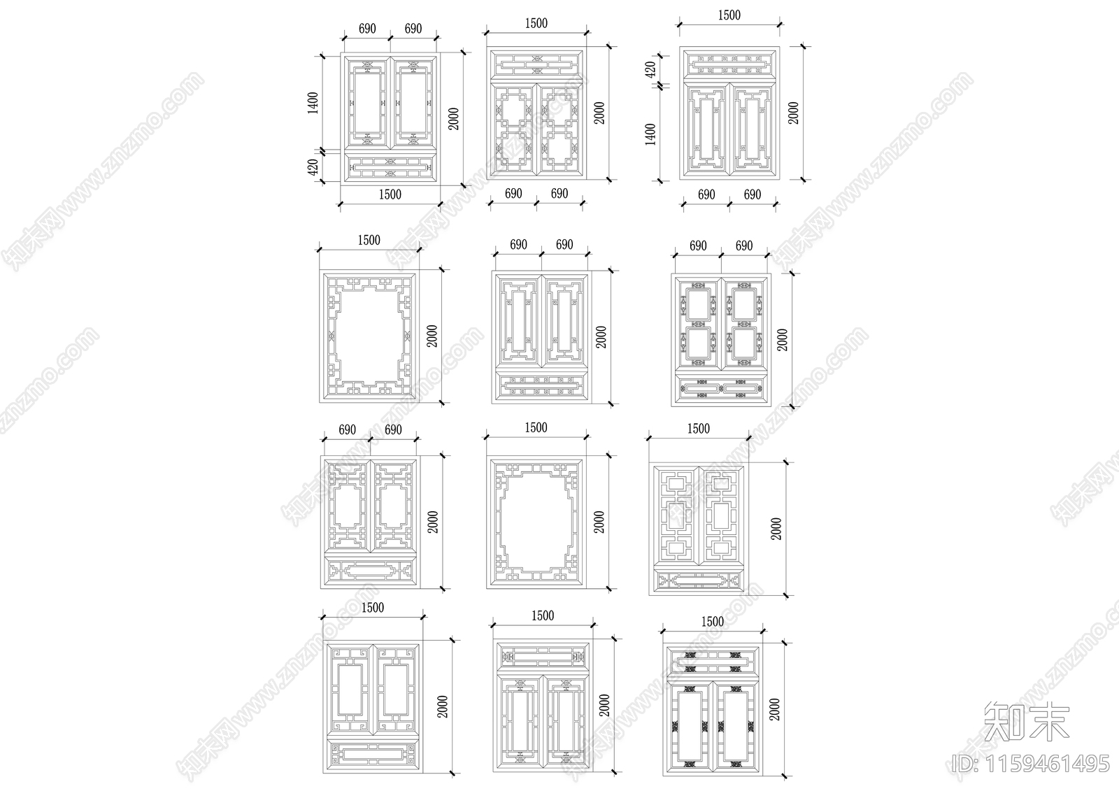 经典仿古建筑常用门窗图cad施工图下载【ID:1159461495】