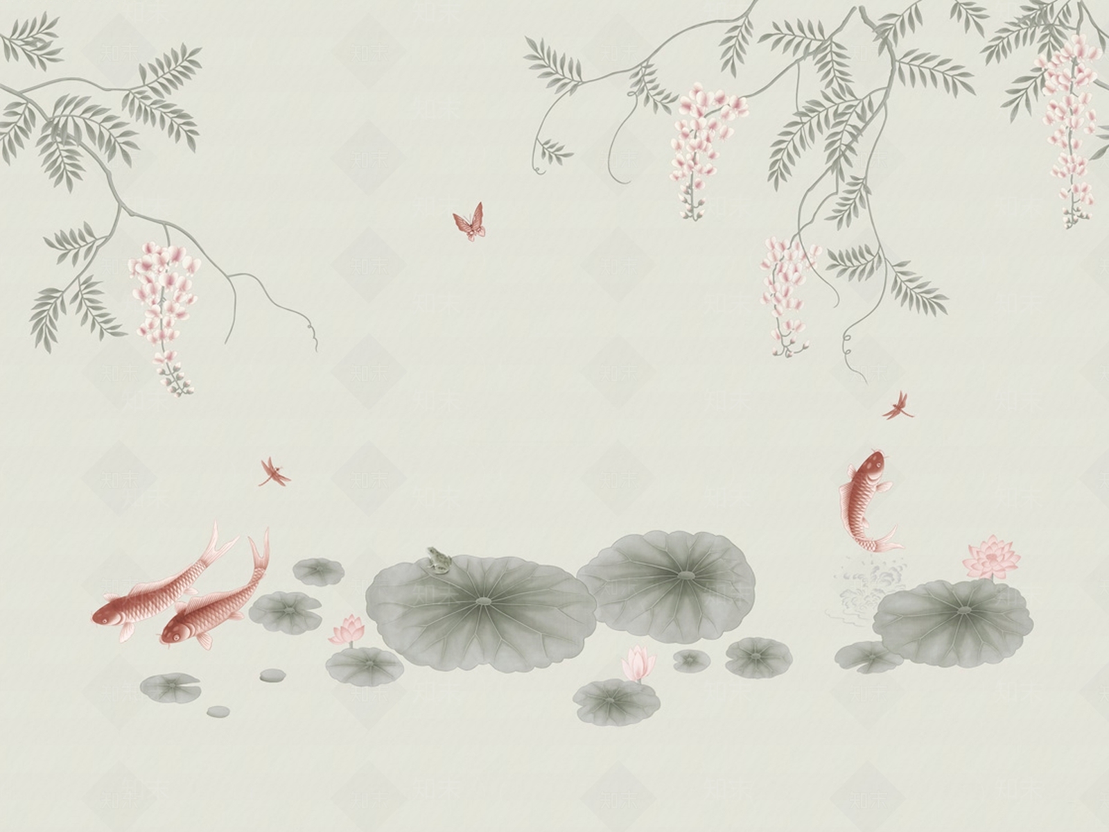 灰色新中式锦鲤荷叶壁纸壁画贴图下载【ID:1159463843】