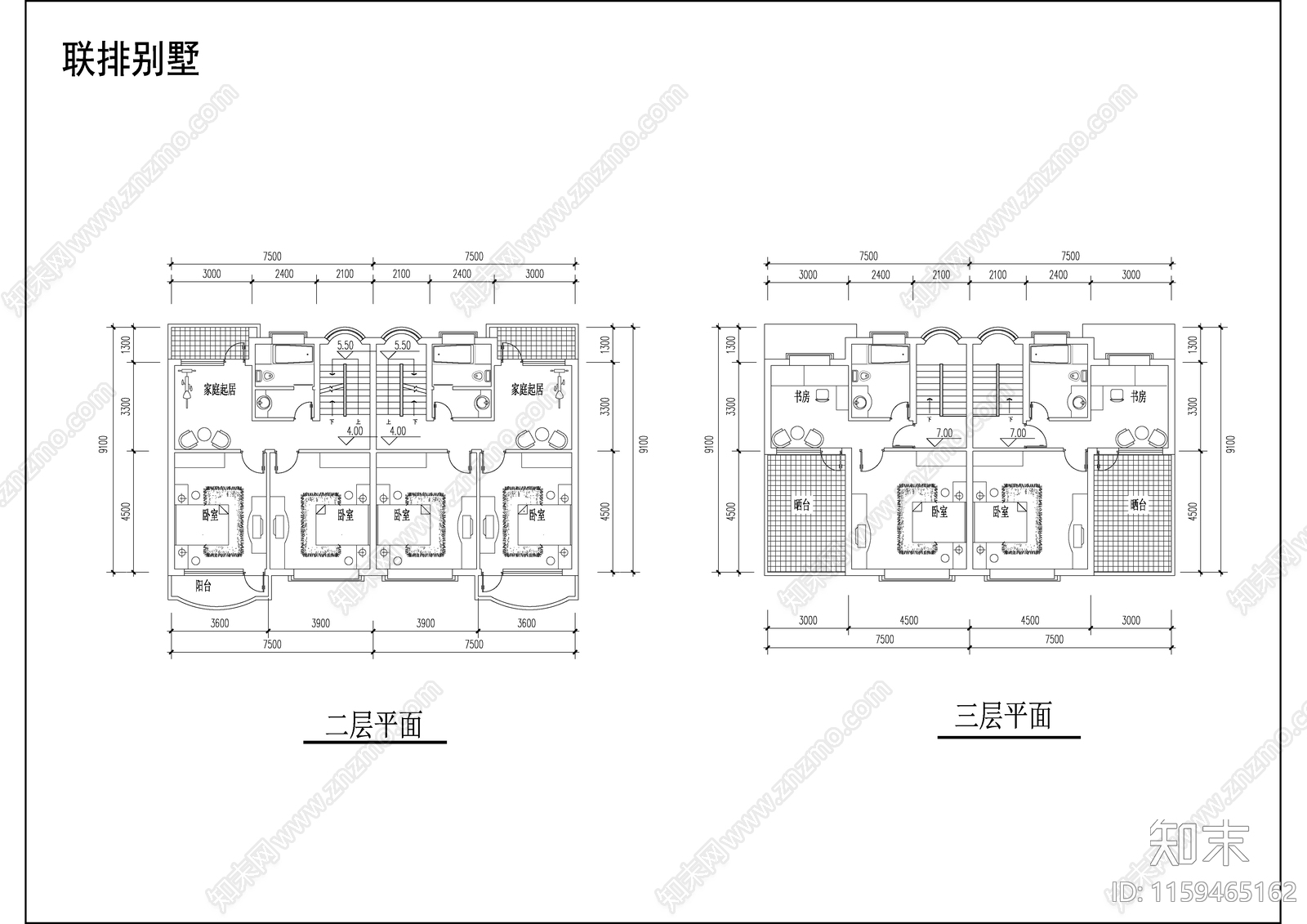 多层联排别墅建筑设计图cad施工图下载【ID:1159465162】