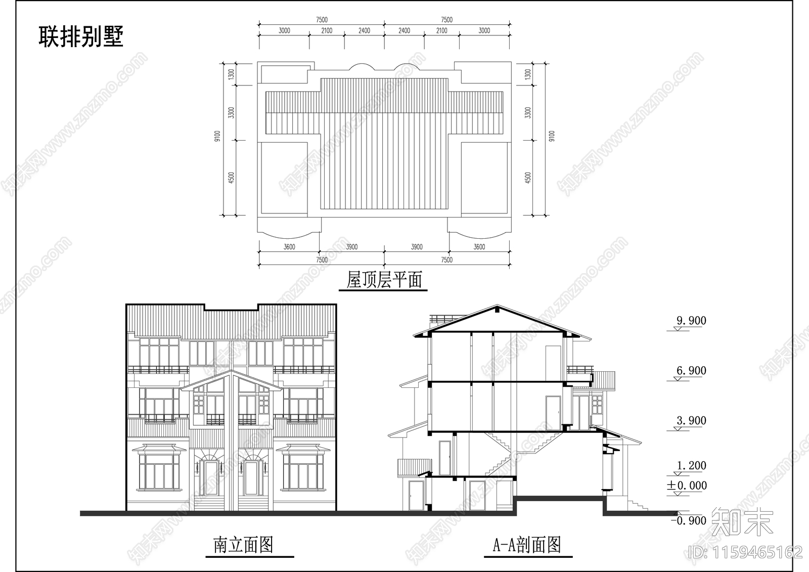 多层联排别墅建筑设计图cad施工图下载【ID:1159465162】