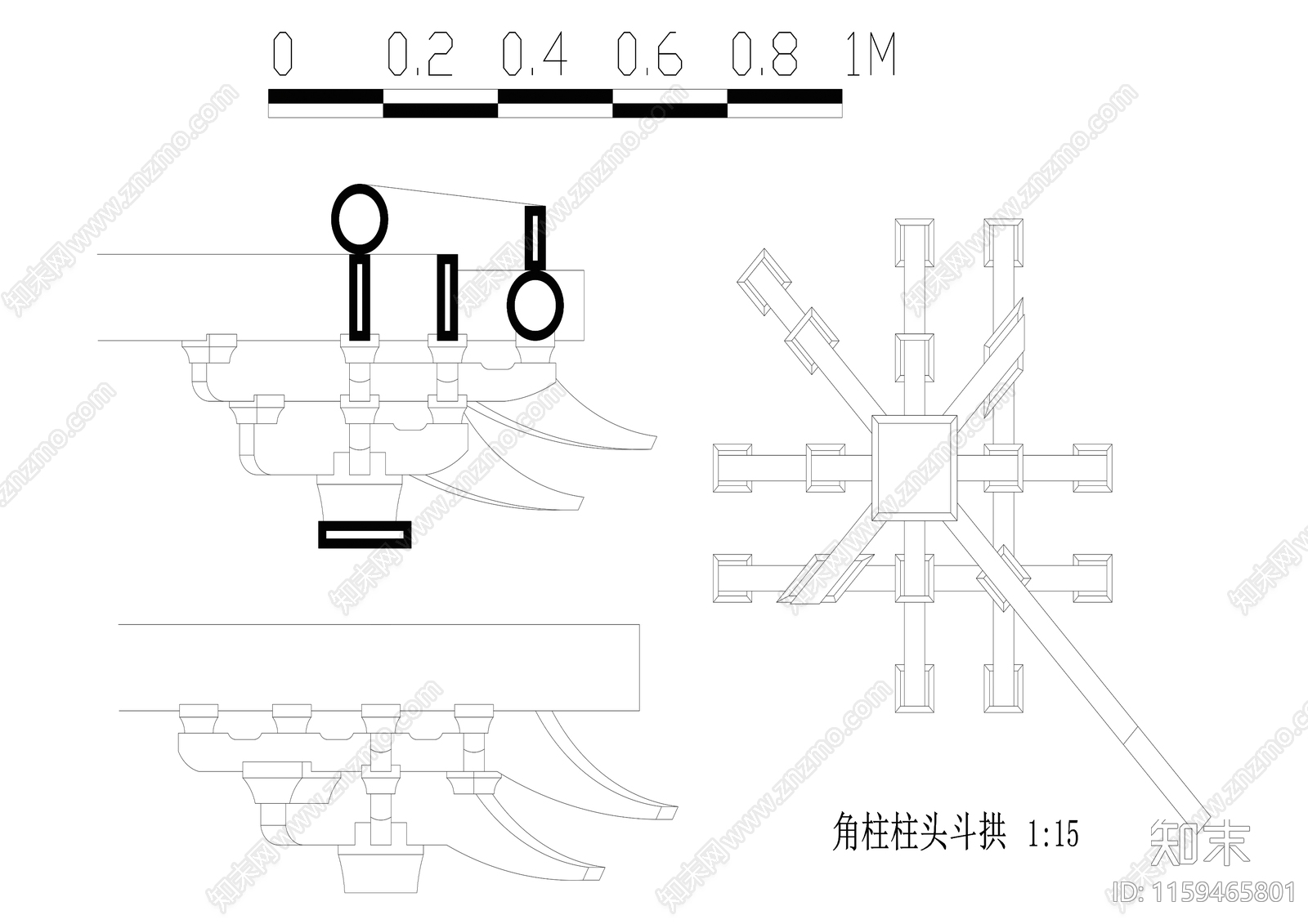 67角柱柱头斗拱cad施工图下载【ID:1159465801】