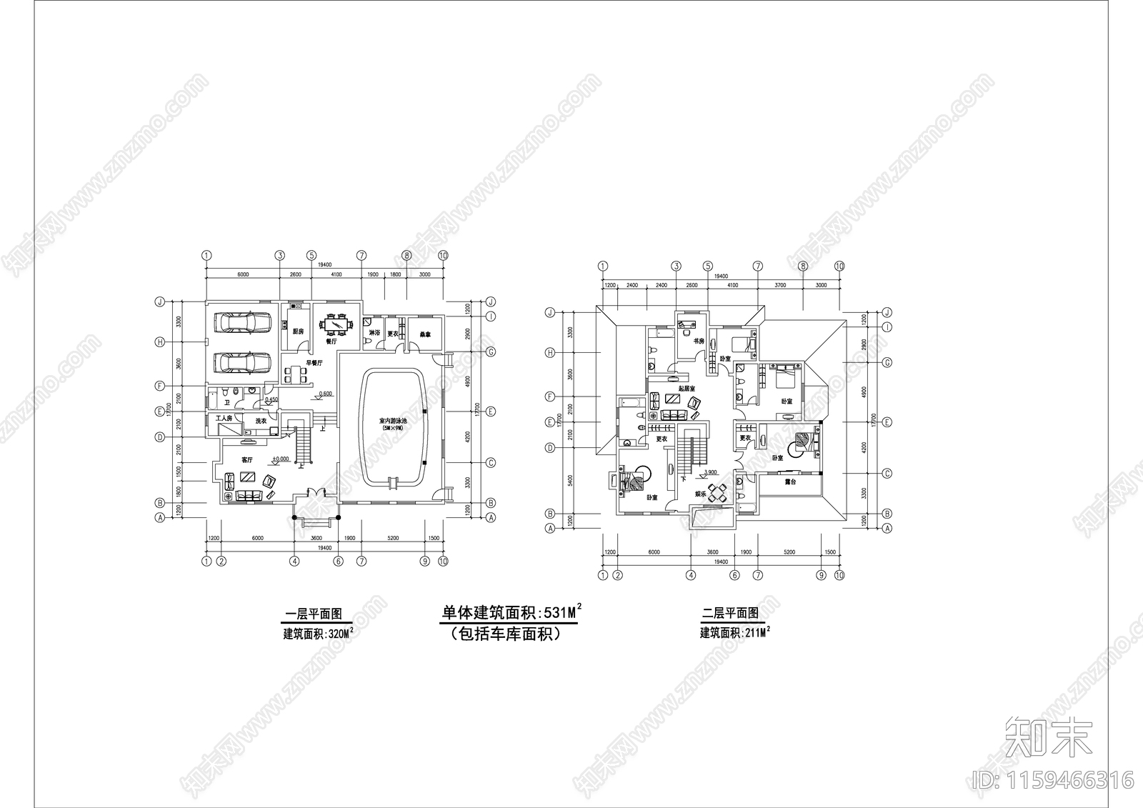 独栋二层别墅建筑设cad施工图下载【ID:1159466316】