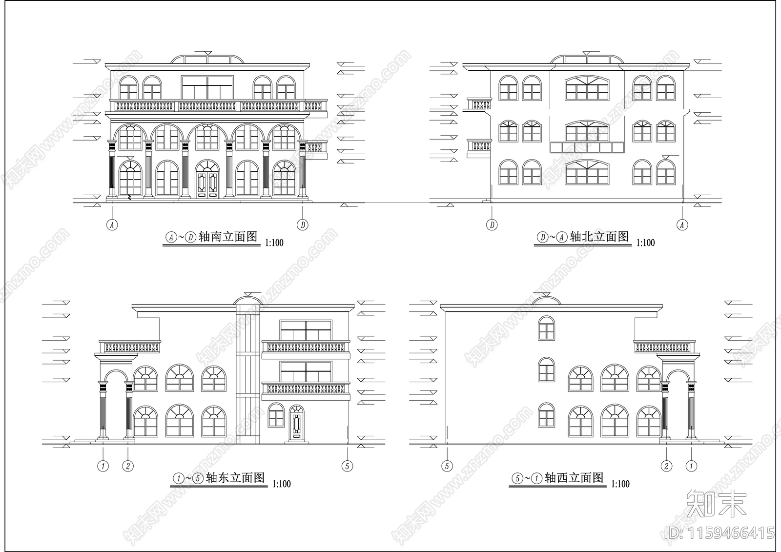 某地区三层别墅户型建筑设cad施工图下载【ID:1159466415】