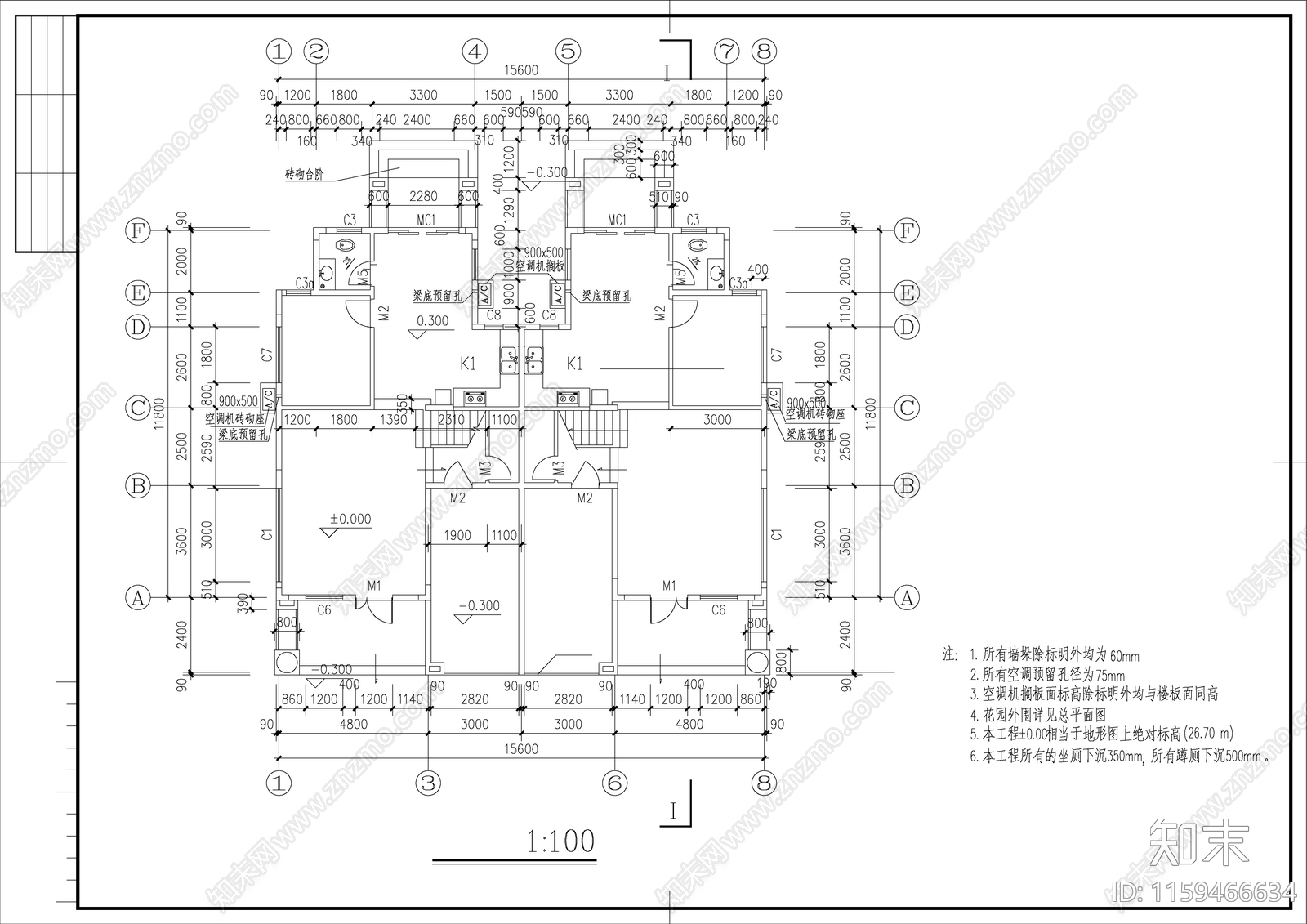 山庄中式别墅建筑设cad施工图下载【ID:1159466634】