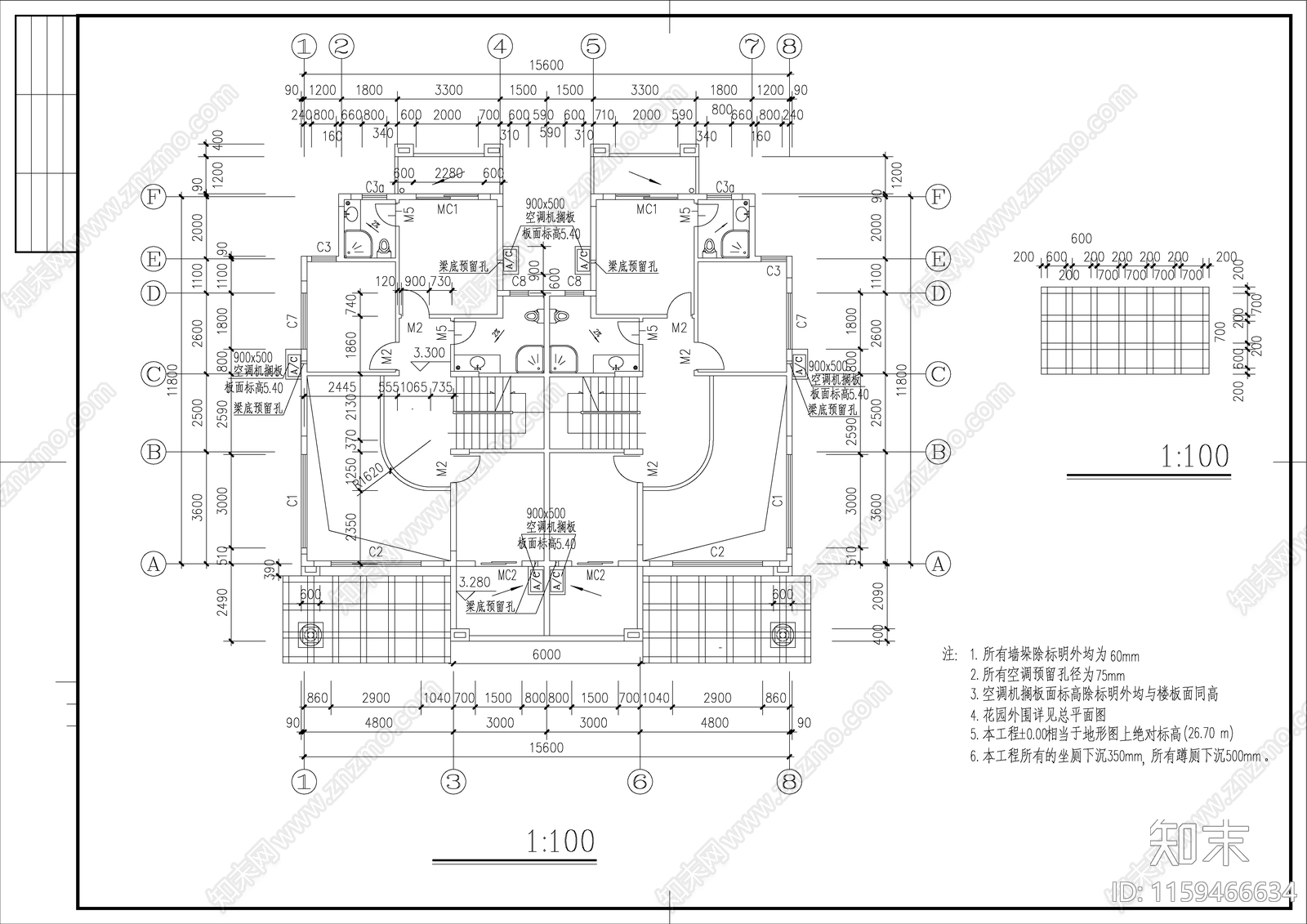 山庄中式别墅建筑设cad施工图下载【ID:1159466634】