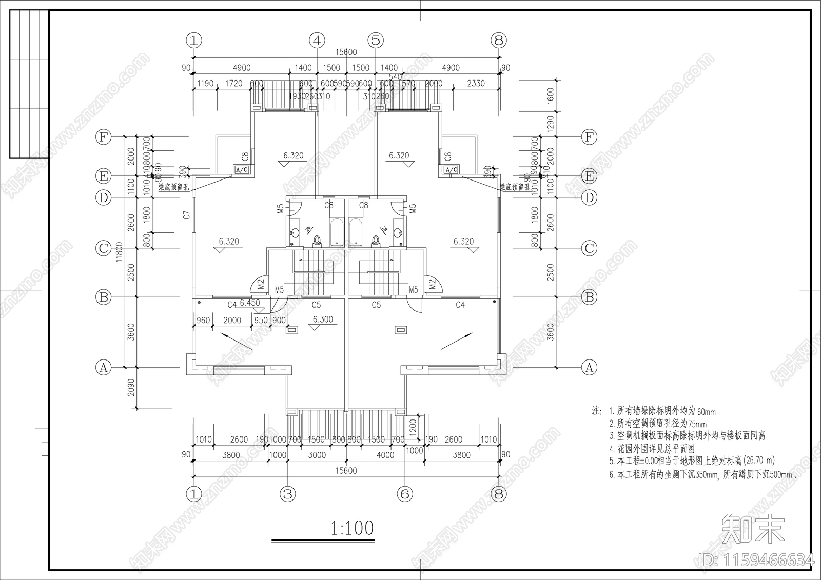 山庄中式别墅建筑设cad施工图下载【ID:1159466634】