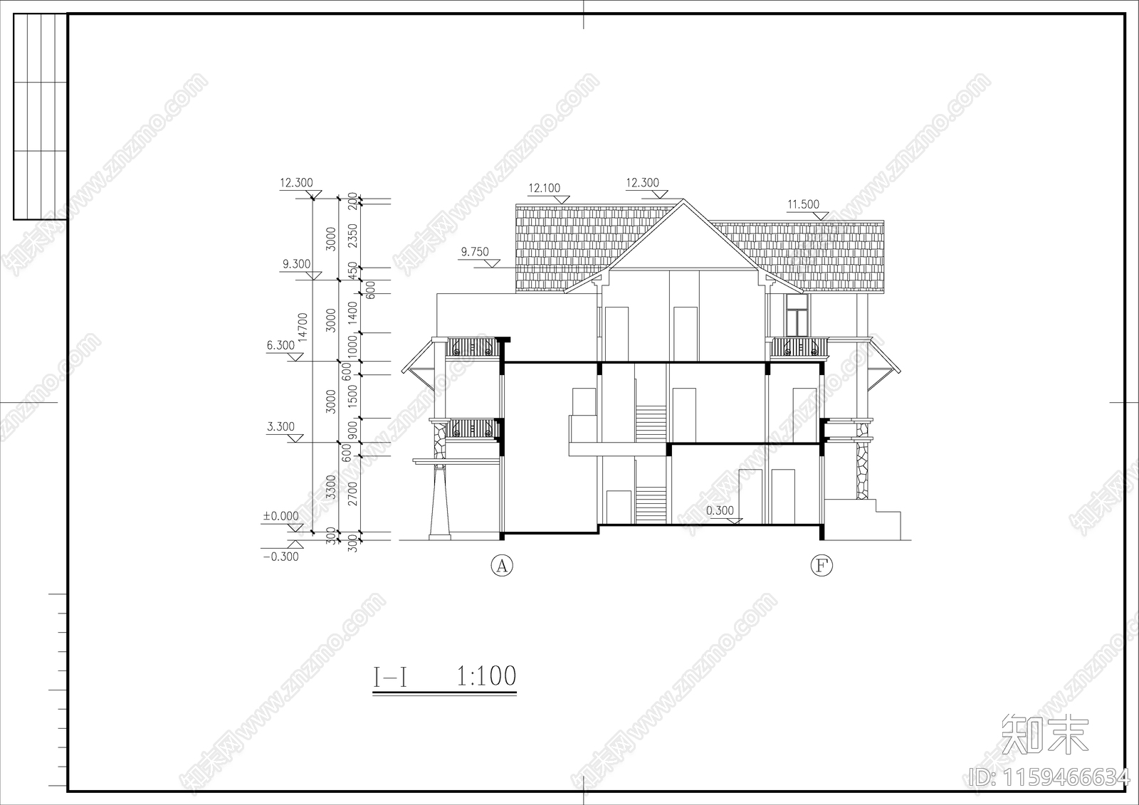 山庄中式别墅建筑设cad施工图下载【ID:1159466634】