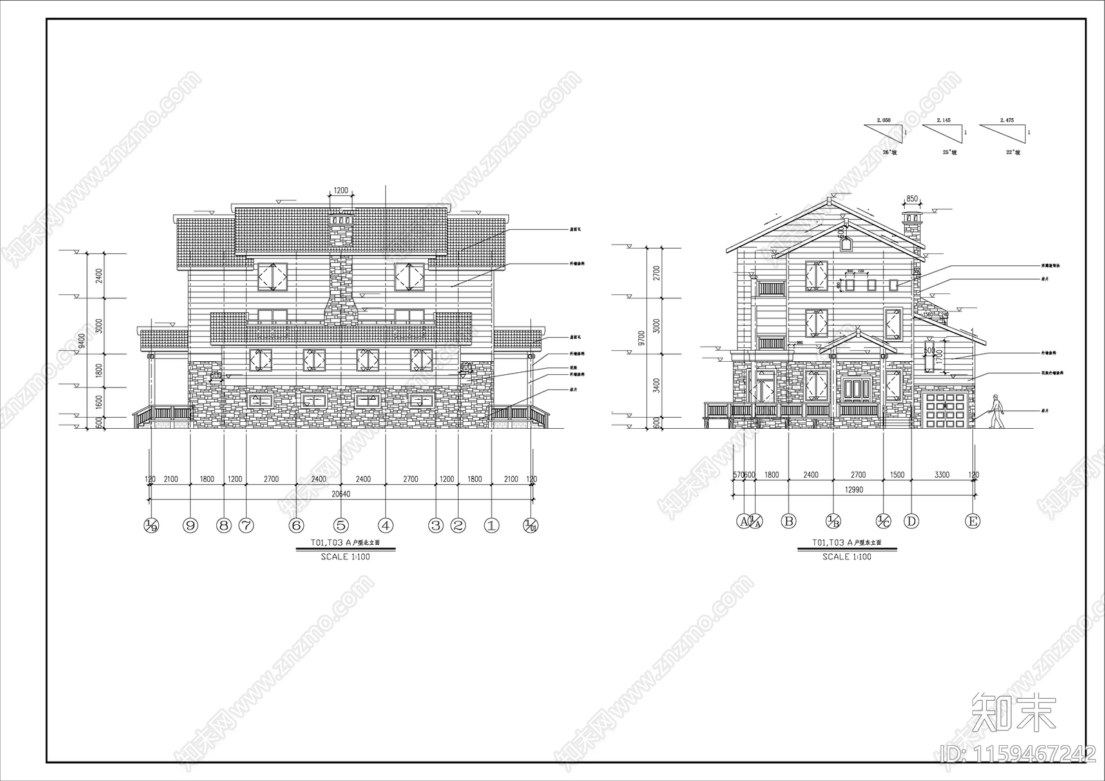 三层户型别墅楼建筑设计方案图cad施工图下载【ID:1159467242】