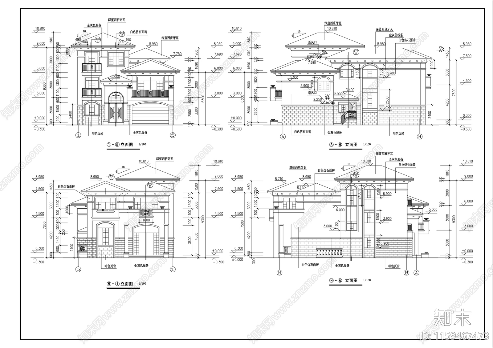 三层欧式别墅建筑设计cacad施工图下载【ID:1159467473】