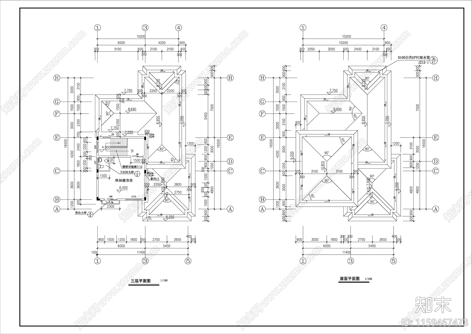 三层欧式别墅建筑设计cacad施工图下载【ID:1159467473】