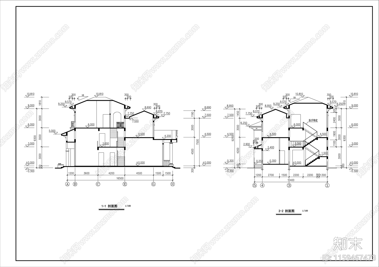 三层欧式别墅建筑设计cacad施工图下载【ID:1159467473】