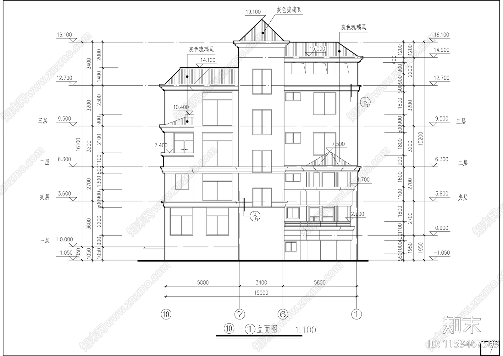 四层带夹层别墅建筑设施工图下载【ID:1159467509】