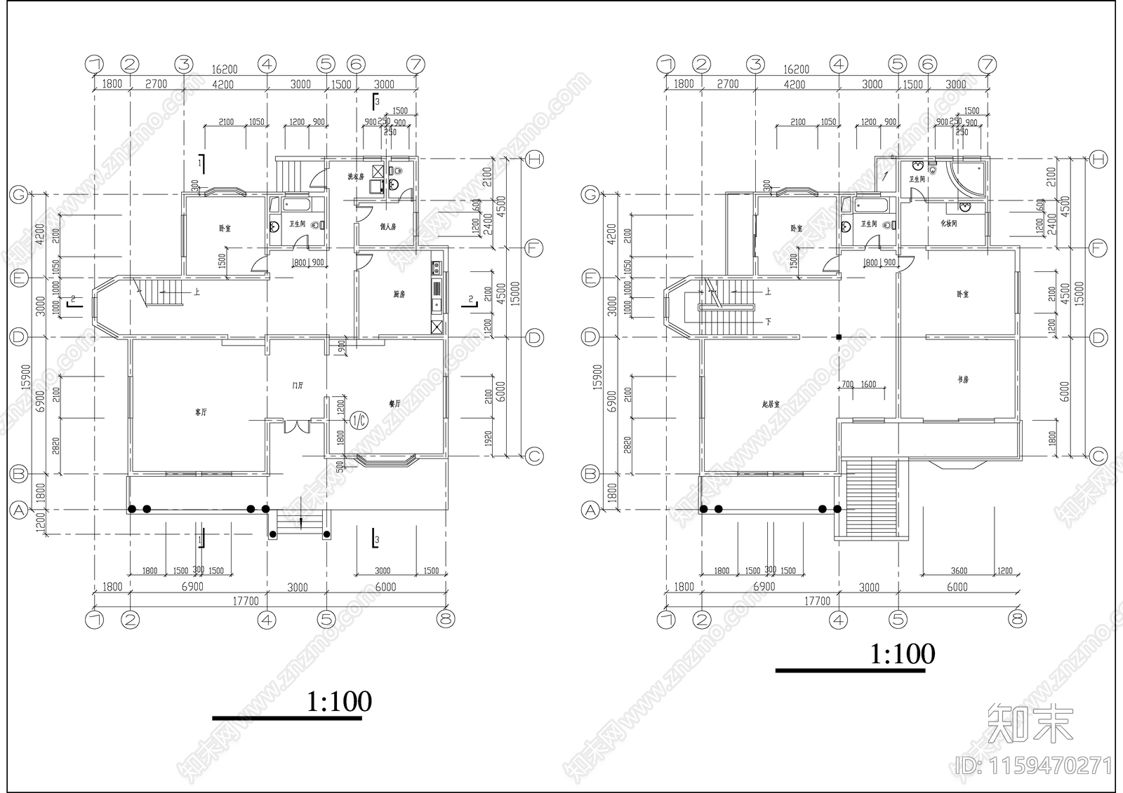 别墅建筑设cad施工图下载【ID:1159470271】