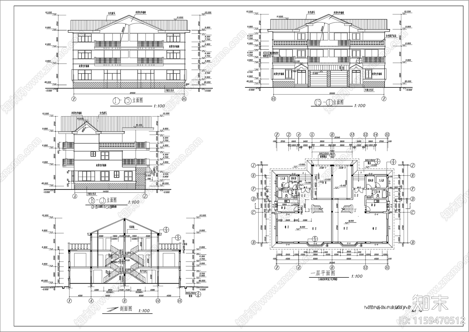 三层双拼别墅建筑设cad施工图下载【ID:1159470512】