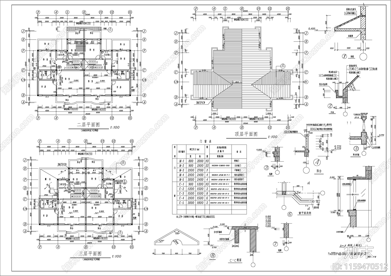 三层双拼别墅建筑设cad施工图下载【ID:1159470512】