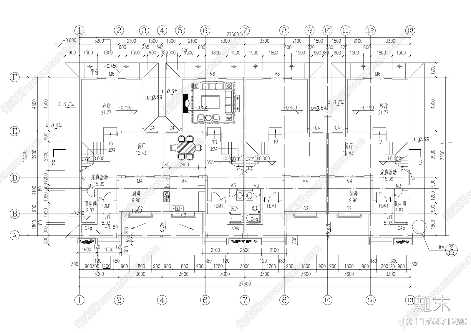 四联别墅建筑设计方案图纸cad施工图下载【ID:1159471290】