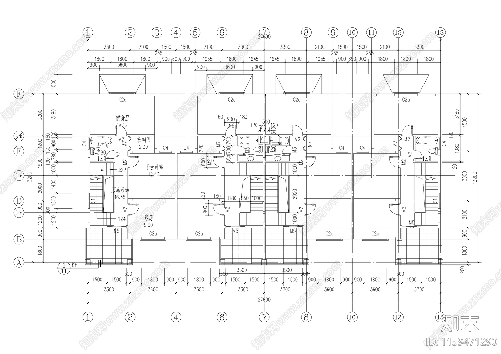 四联别墅建筑设计方案图纸cad施工图下载【ID:1159471290】