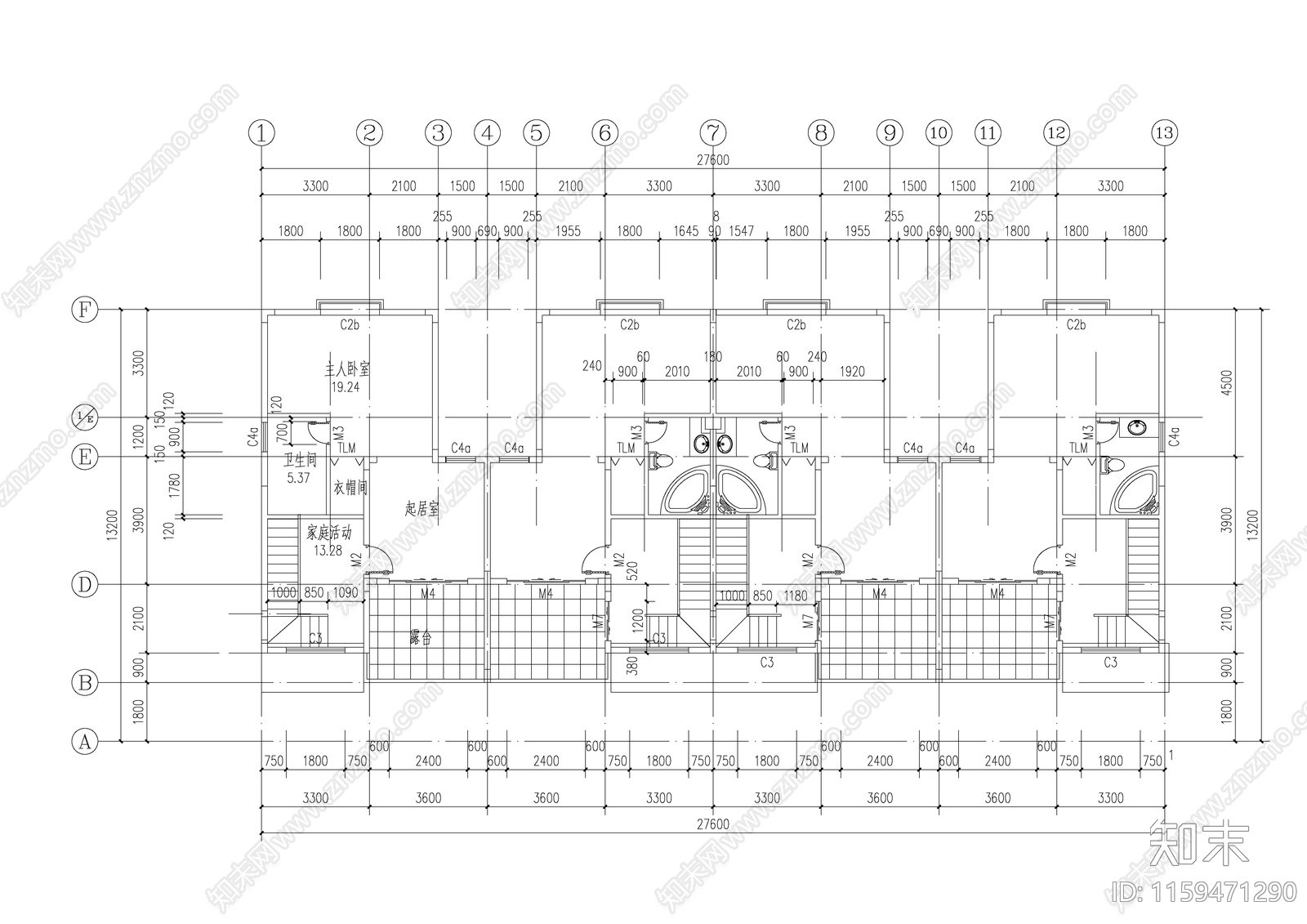 四联别墅建筑设计方案图纸cad施工图下载【ID:1159471290】