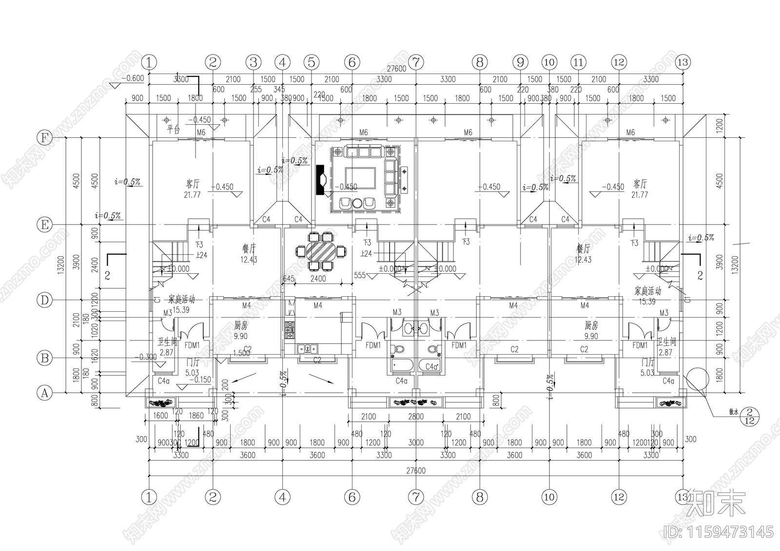 四联别墅建筑cad施工图下载【ID:1159473145】