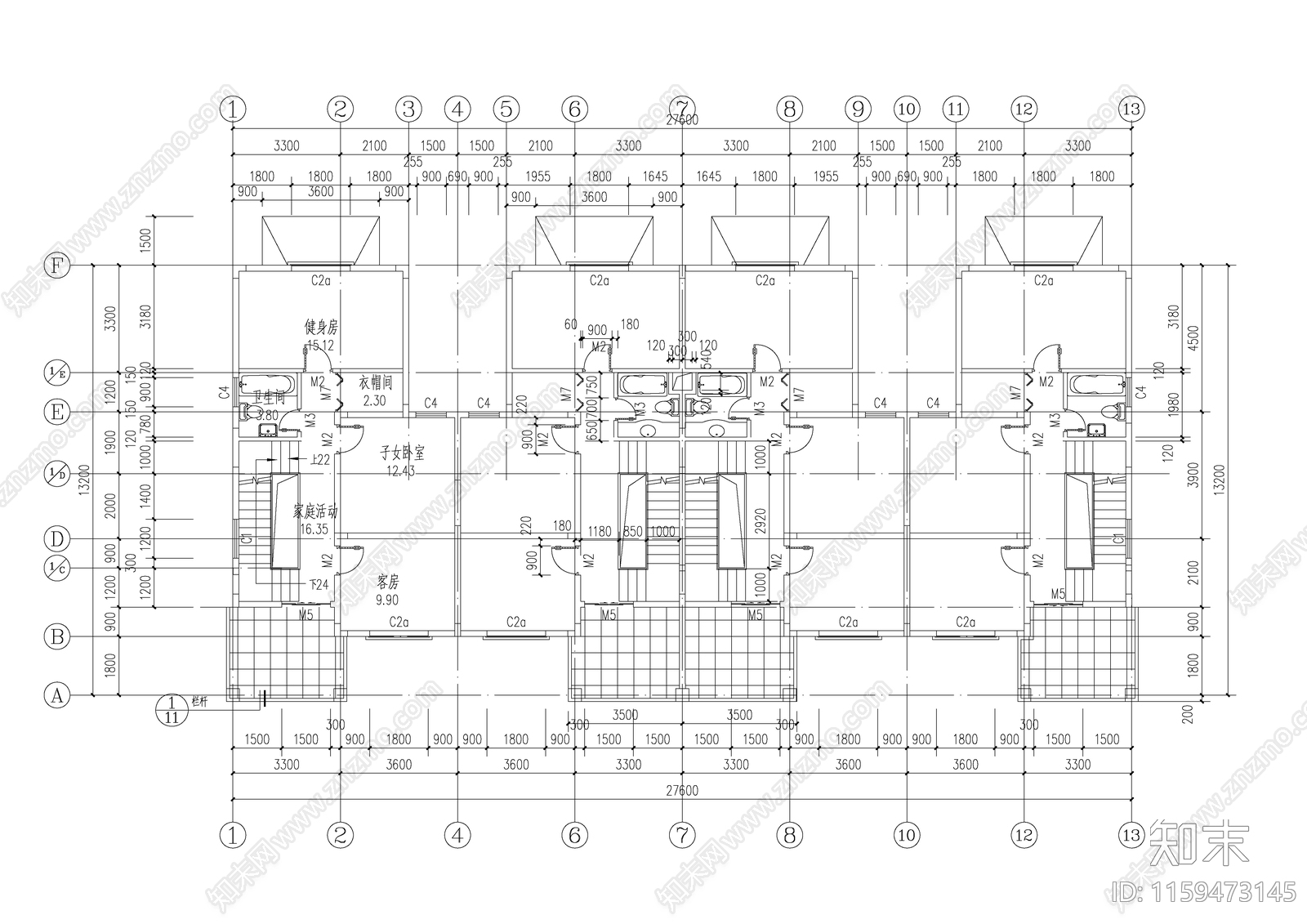 四联别墅建筑cad施工图下载【ID:1159473145】