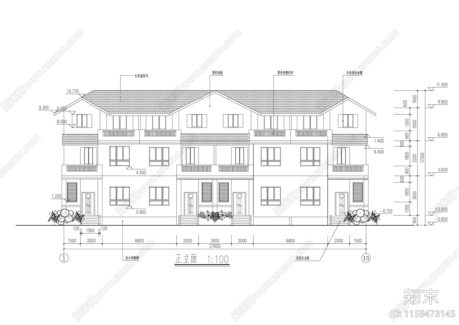 四联别墅建筑cad施工图下载【ID:1159473145】